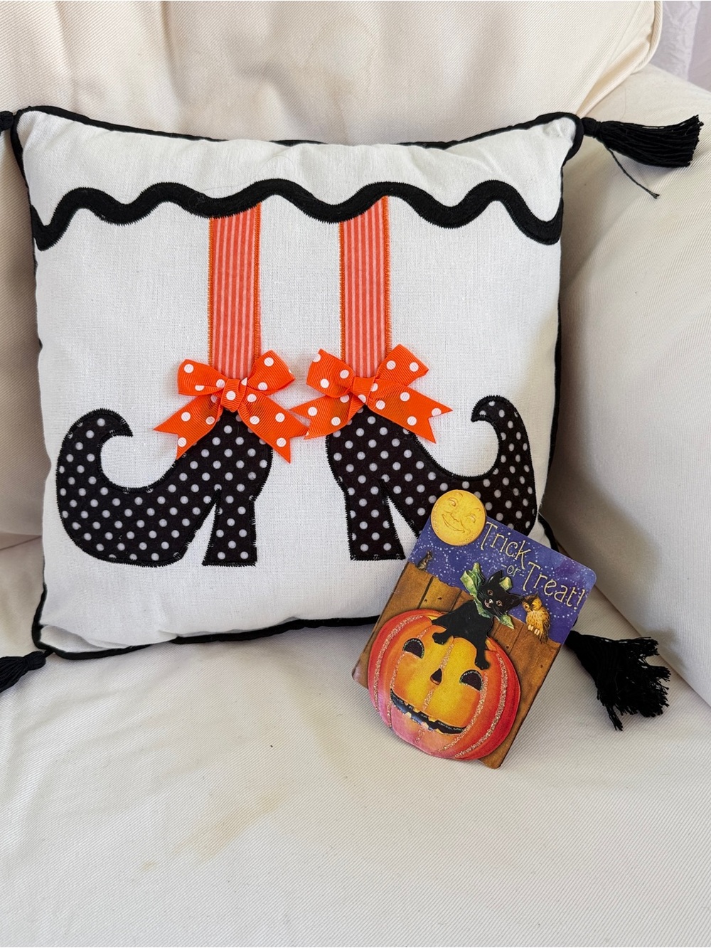 Halloween Whimsical Throw Pillow Witch Shoes Polka Dot Tassels Reversible